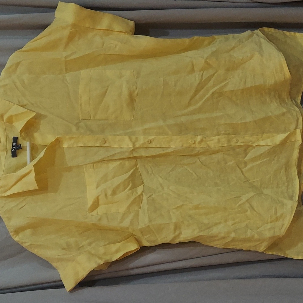 NYDJ Linen Yellow Short Sleeve Blouse Women's Size Medium